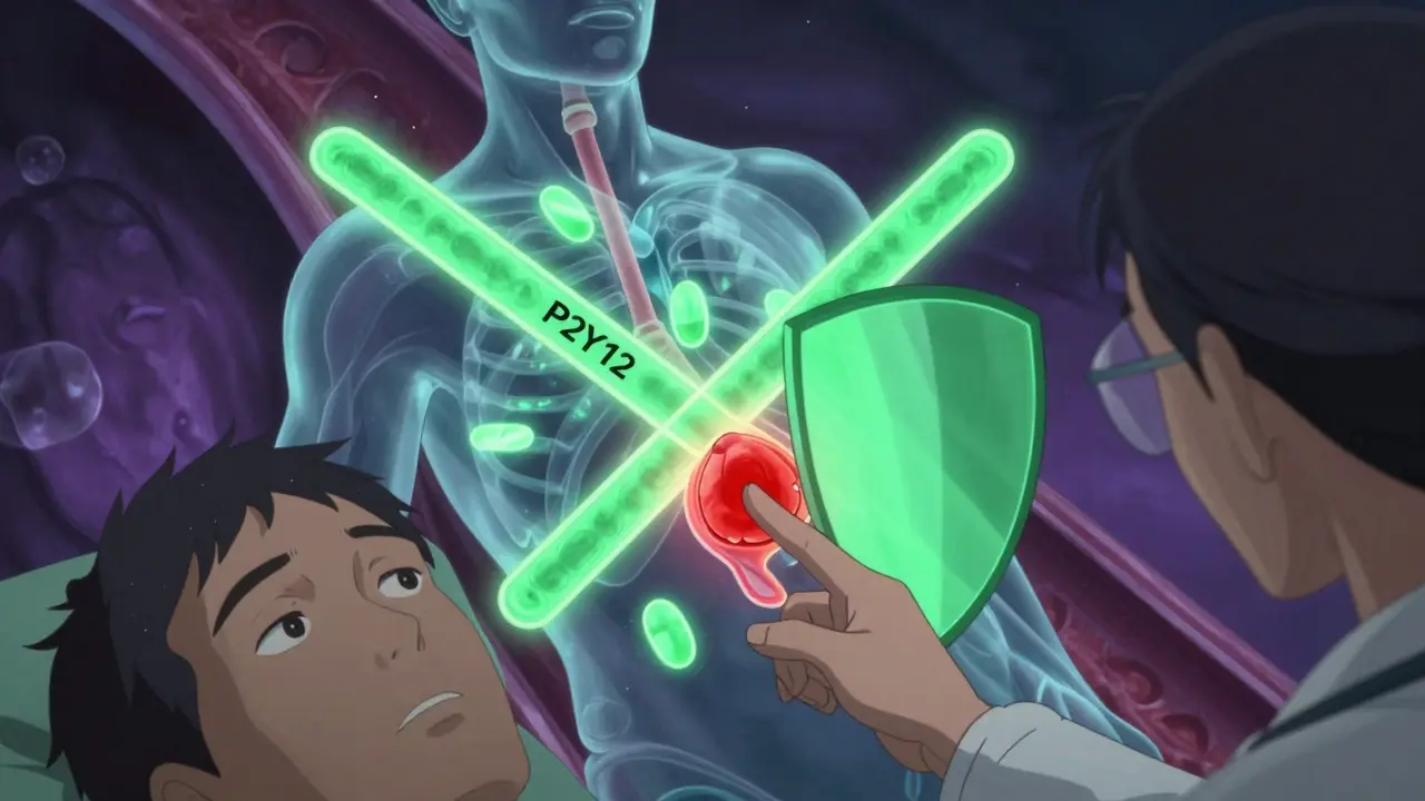 Cardiologist explains platelet-blocking mechanism in transparent human torso with glowing stent and protective shield.