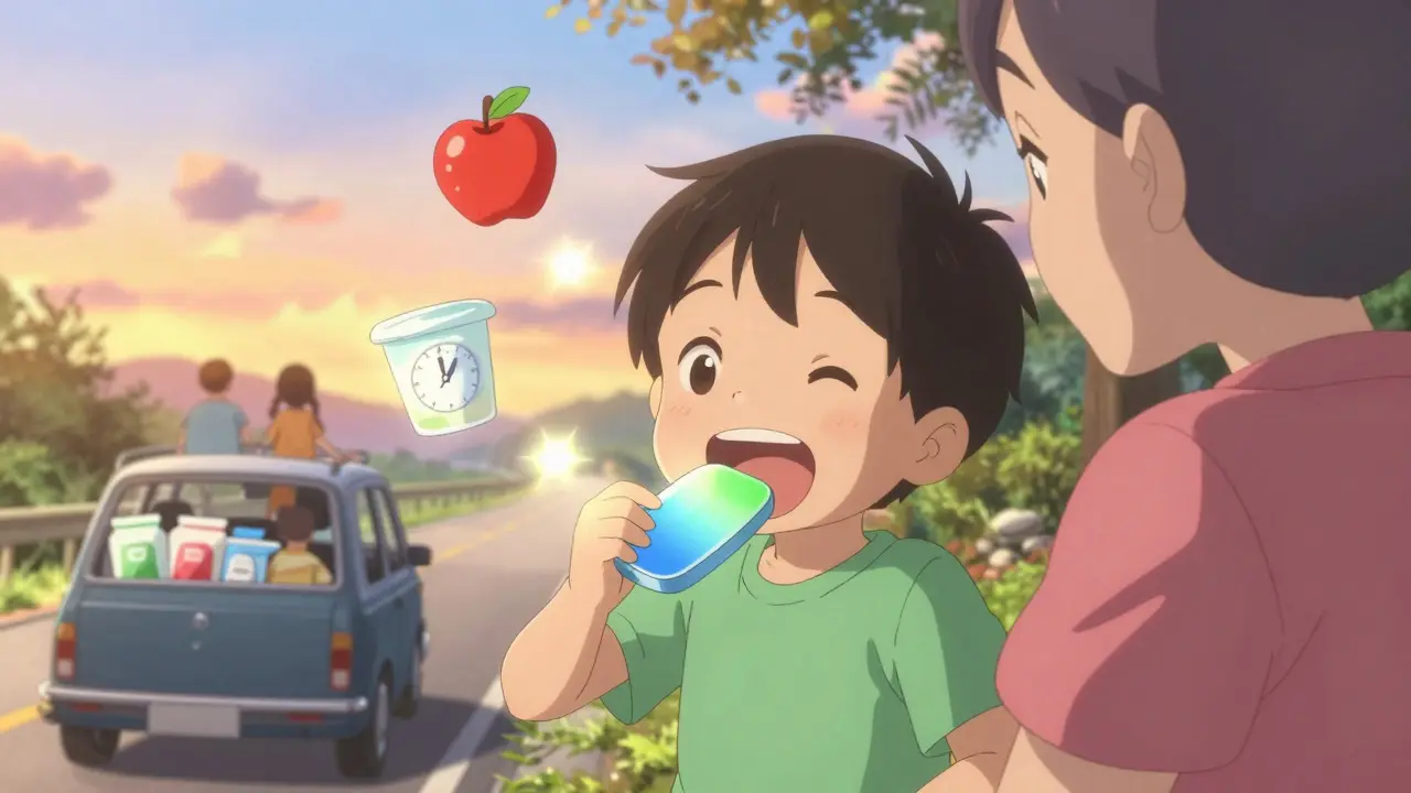 Child chewing a color-changing tablet with food icons and clock floating nearby