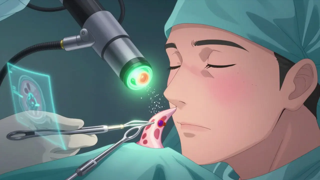 Doctor performing FESS surgery with glowing endoscopic view of sinuses and polyps.