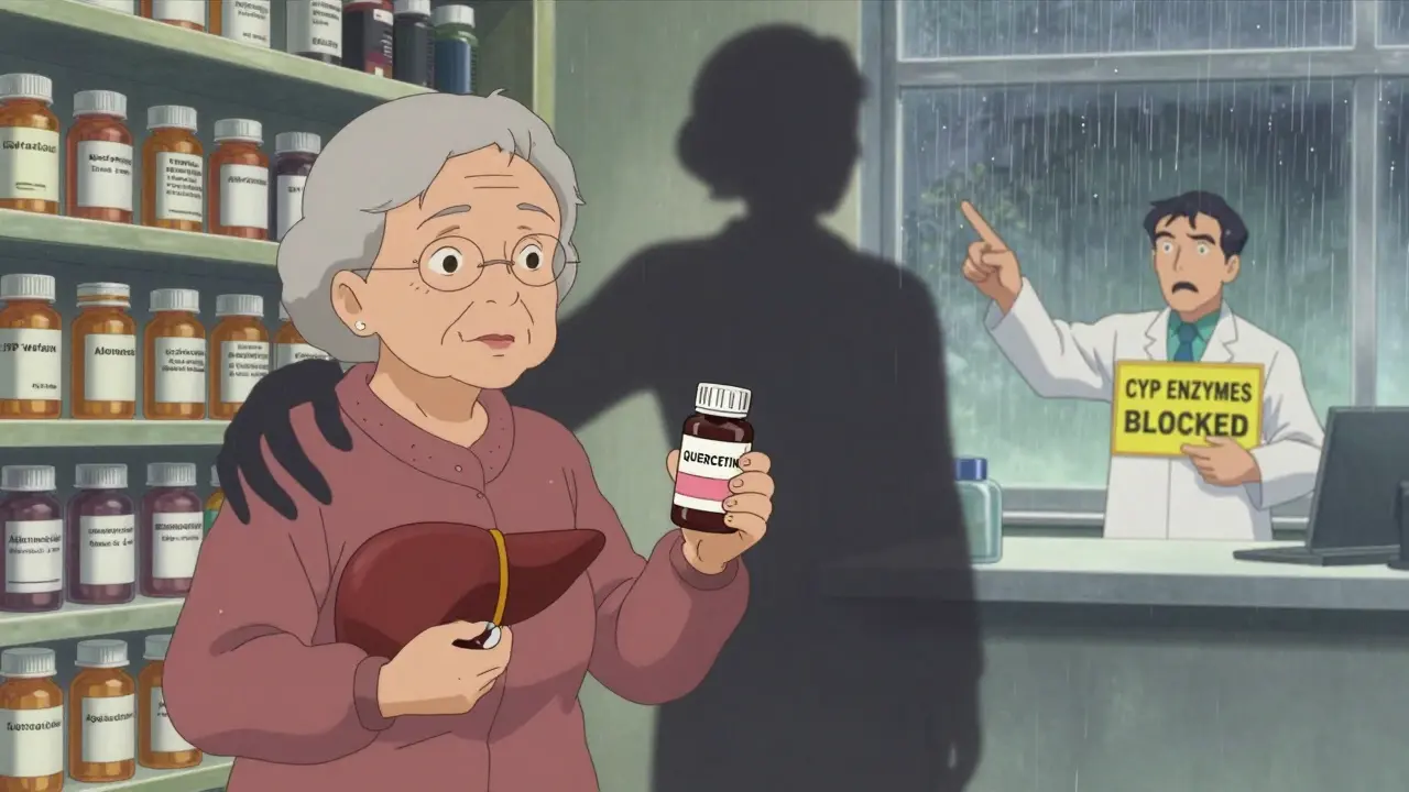 Elderly woman with supplement bottle surrounded by prescription drugs, her shadow menacingly gripping her liver.