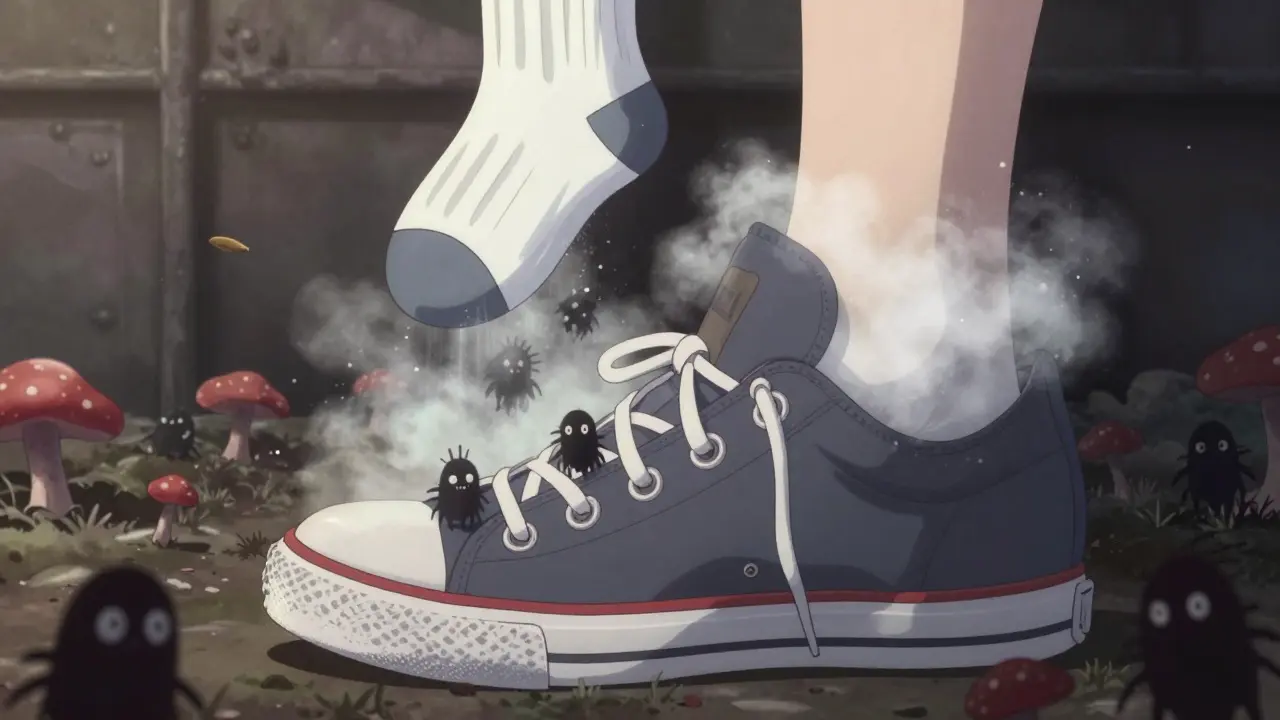 Fungal spores as monsters inside a sneaker, defeated by antifungal powder like a protective force.