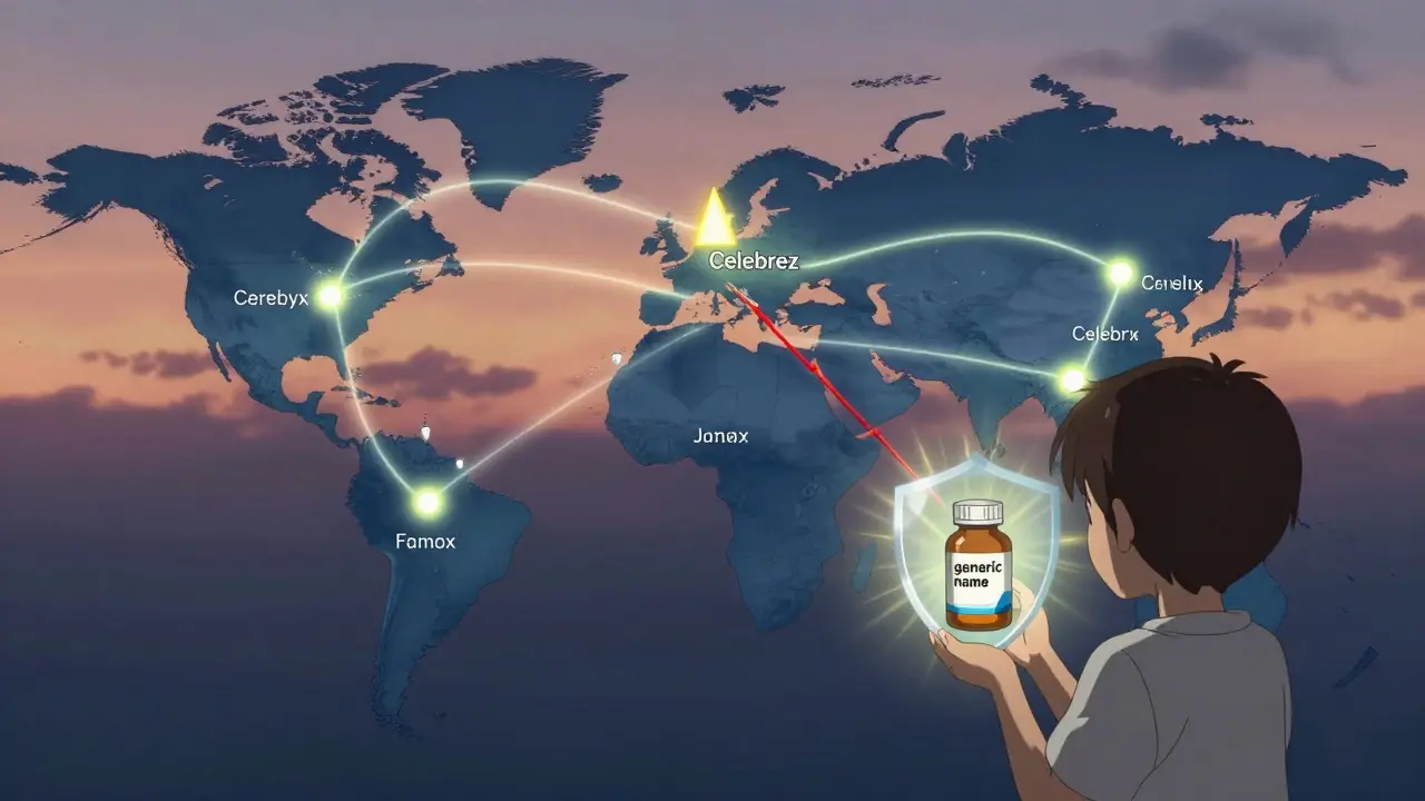 Global map showing drug name differences, red error line between similar-sounding drugs, child holding safe generic pill.
