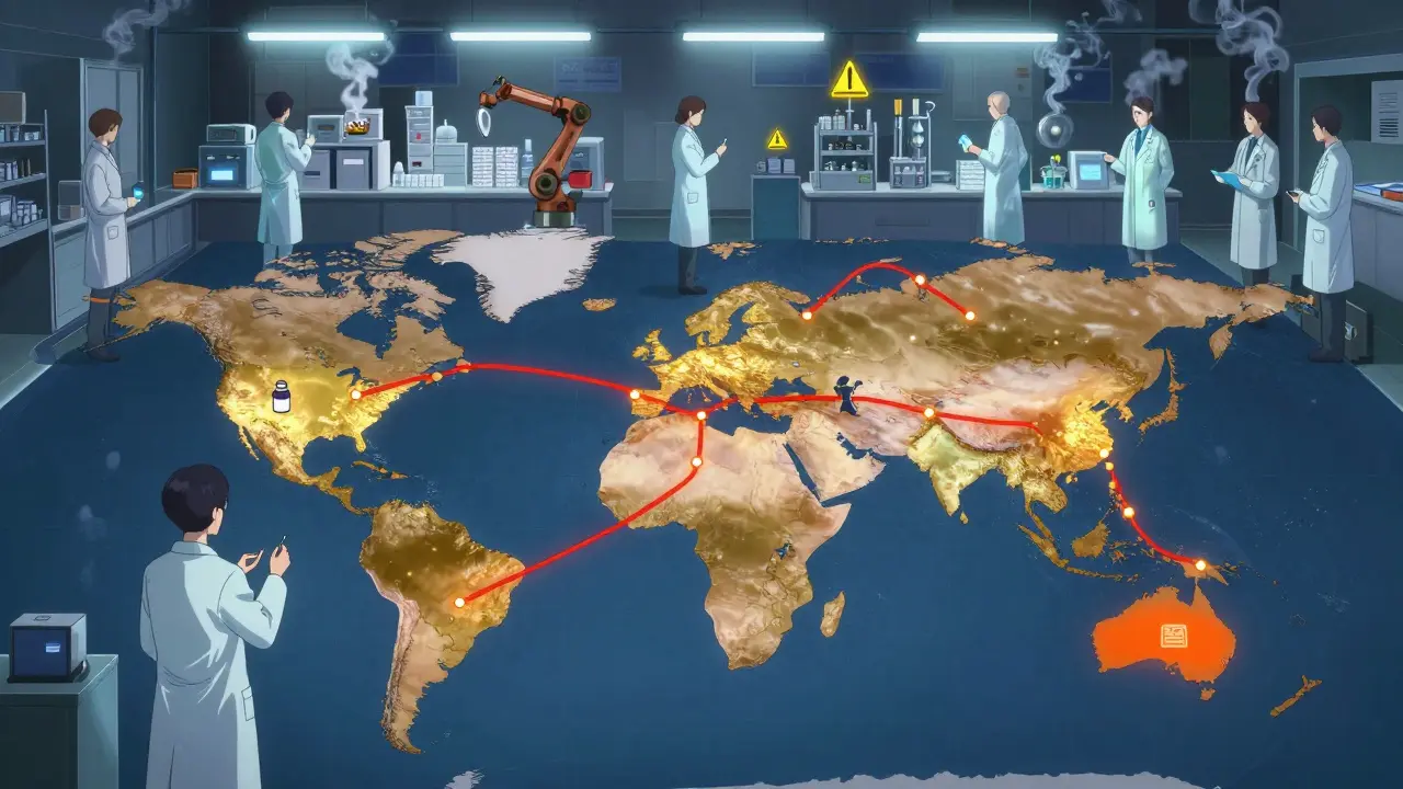 Global map with inspection routes connecting U.S. and overseas drug factories, FDA inspectors observing quality control processes.