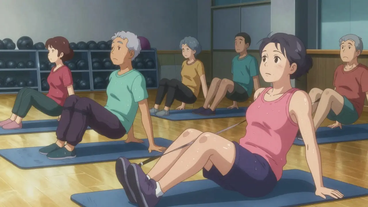 Older adults doing resistance band exercises in a community center.