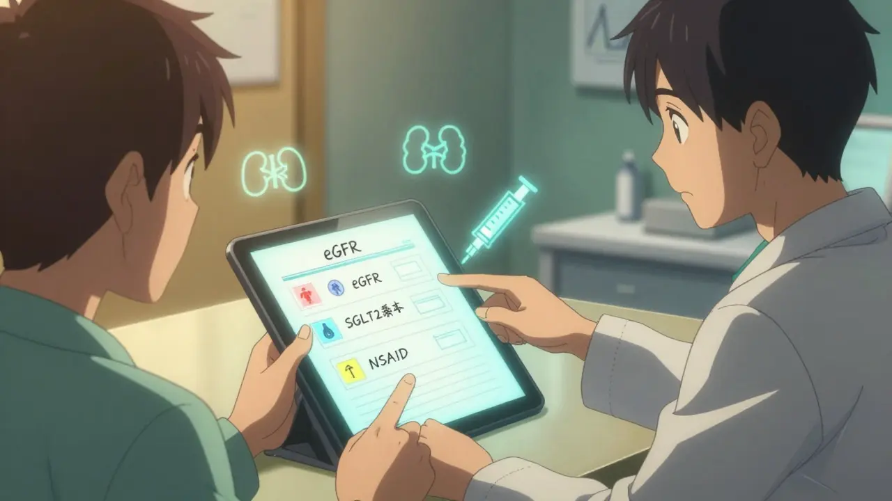 Patient giving medication list to pharmacist, glowing checklist with kidney-safe drug icons visible.