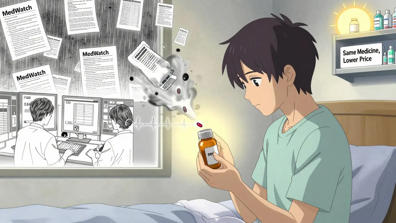 Patient holding generic pill as spectral images of FDA monitoring and recalls unfold behind them, symbolizing ongoing safety oversight.