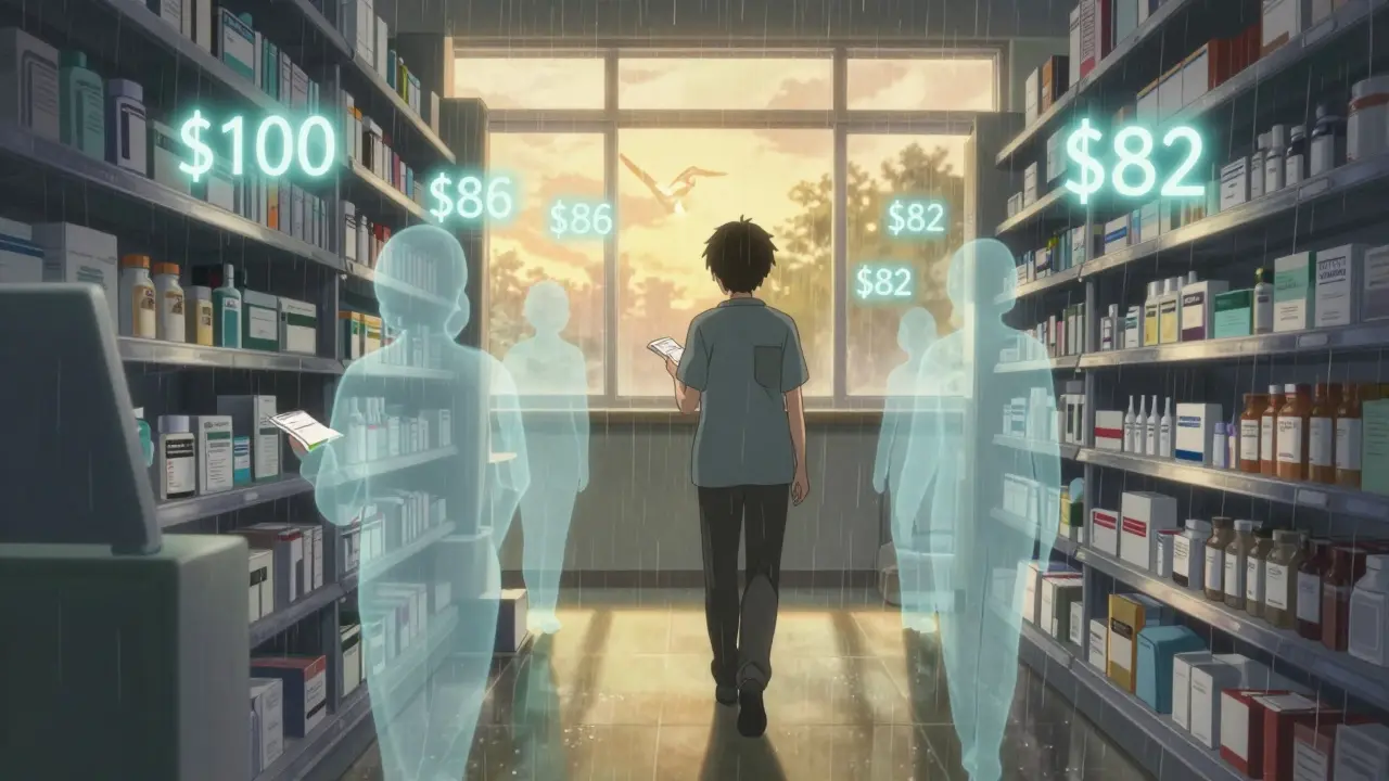 Patient walking through pharmacy as floating price tags show savings from generic options.