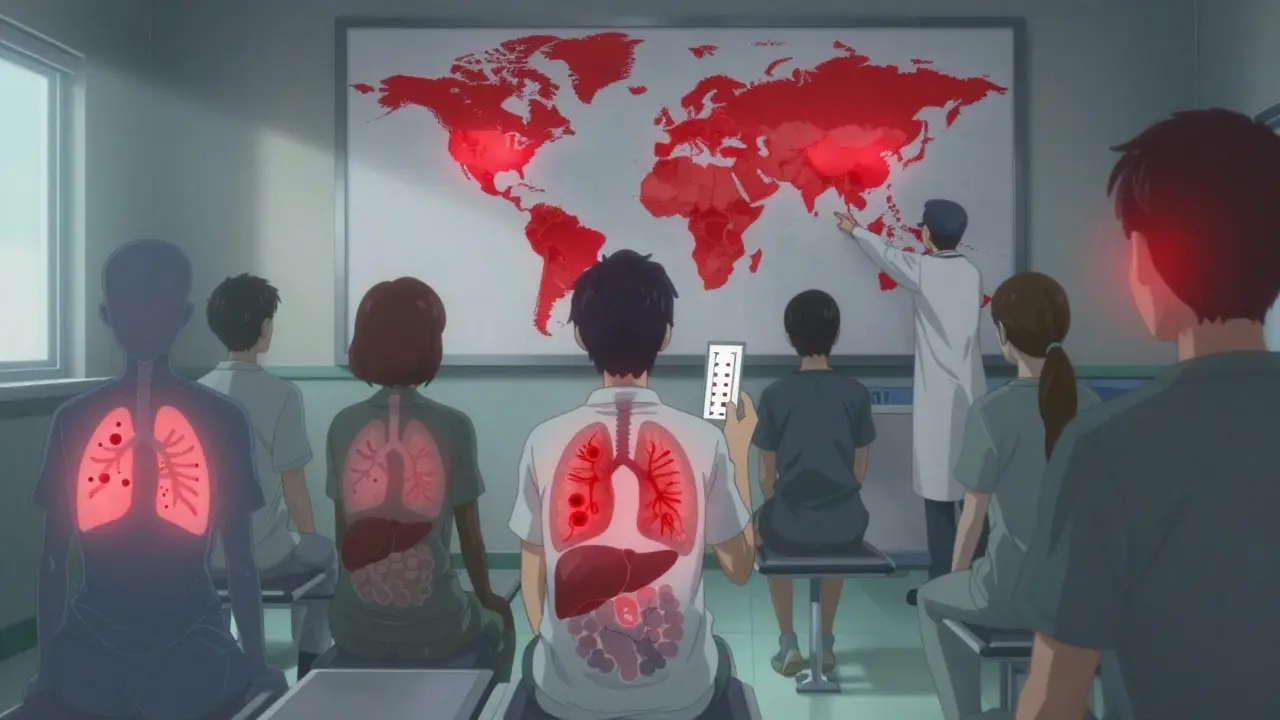 Patients in a clinic with internal TB overlays, one holding a cracked negative test, a world map glowing with high-risk regions.
