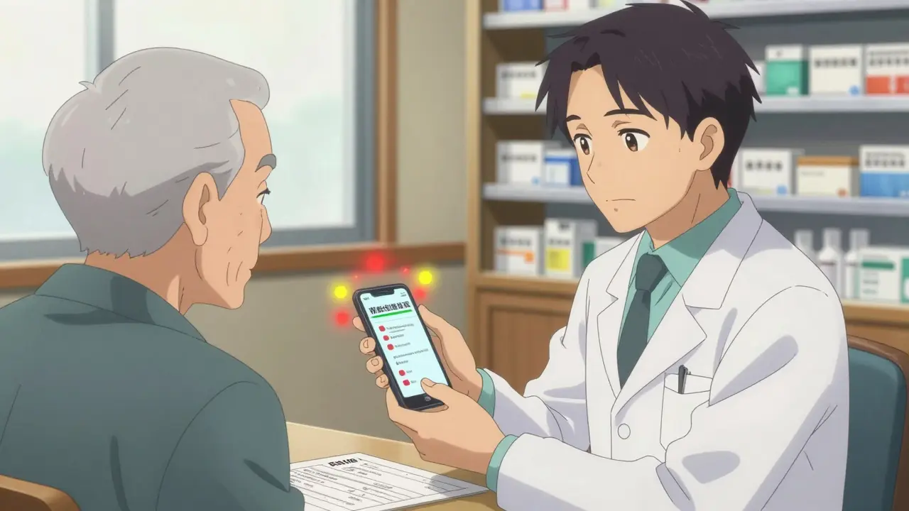 Pharmacist and elderly man examining a drug interaction alert on a smartphone together.