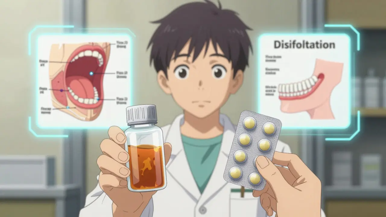 Pharmacist comparing liquid medicine and chewable tablets with anatomical infographic