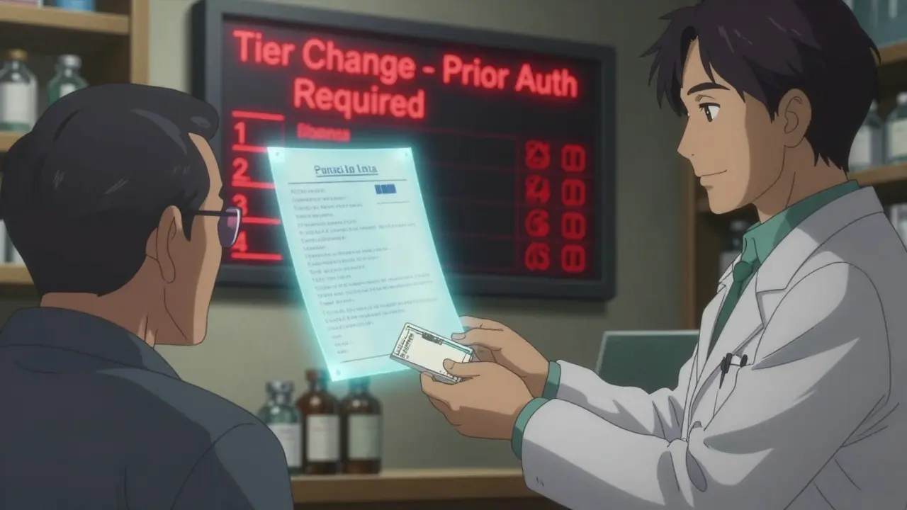 Pharmacist giving prescription to senior as digital formulary warning glows in background.