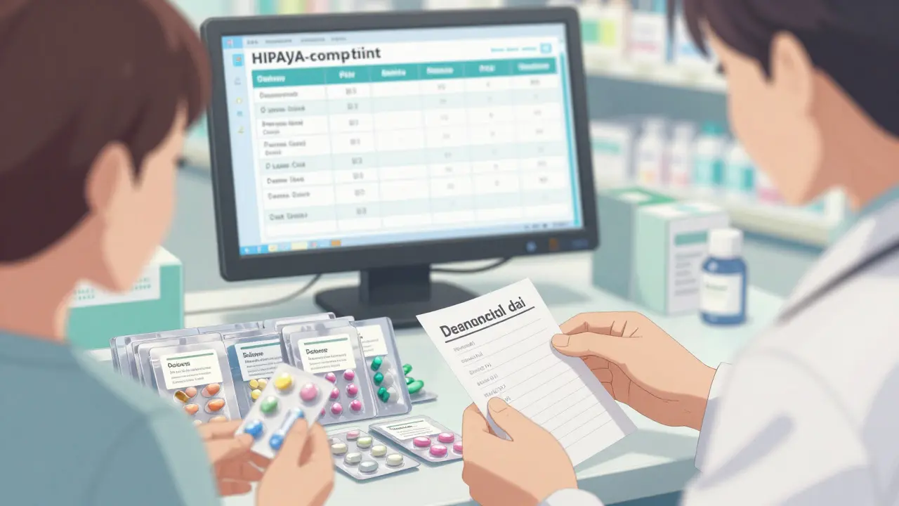 Pharmacist preparing personalized blister packs with labeled doses for a patient.