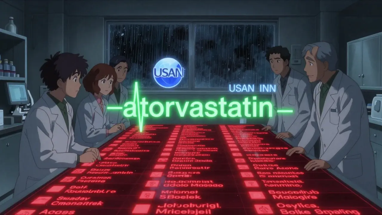 Scientists reviewing rejected drug names in a lab, one final name glowing green with pulsing stem.