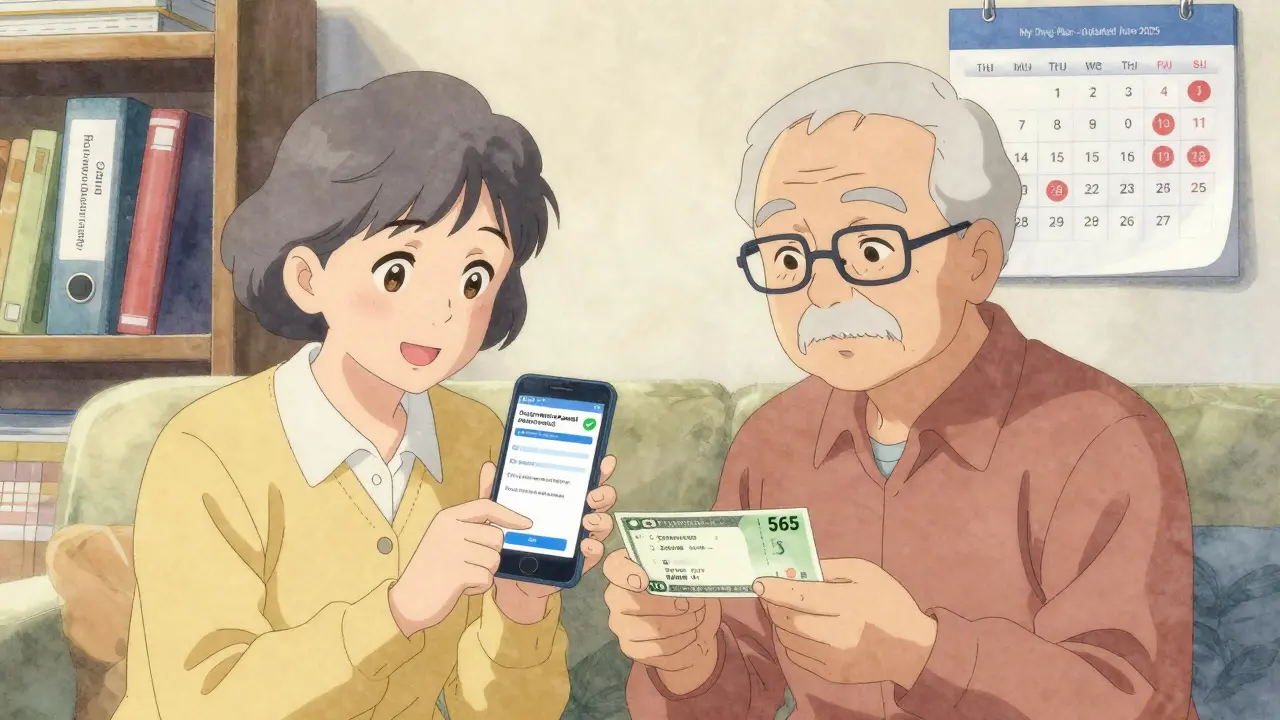 Senior couple celebrating approval of drug exception with savings receipt in hand.