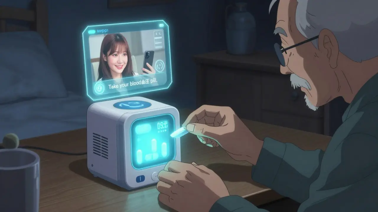 Smart pill dispenser glowing at night with voice alert and remote caregiver notification.