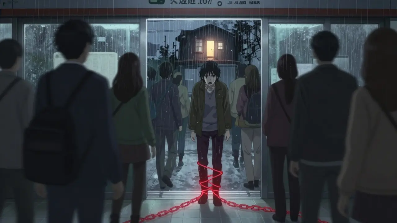 Someone paralyzed by fear at a subway entrance, trapped by invisible chains of anxiety while crowds move around them.