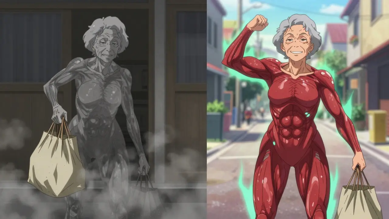 Split image: frail woman struggling with a bag vs. strong woman lifting it easily.