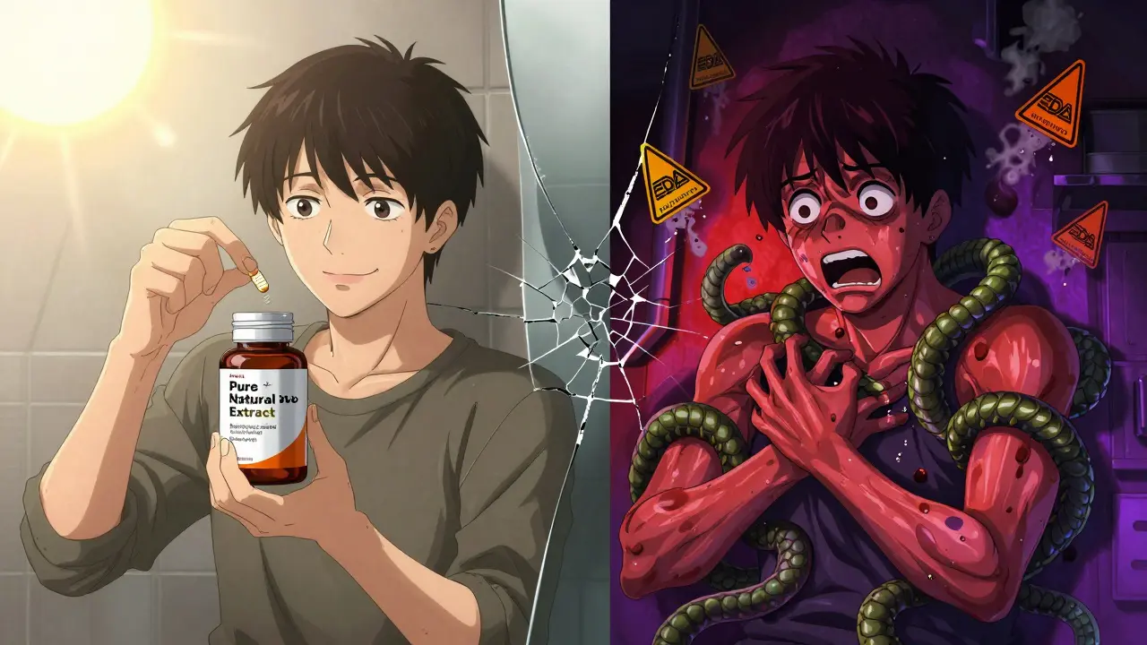 Split image: peaceful supplement use vs. violent serotonin overload in dark room.