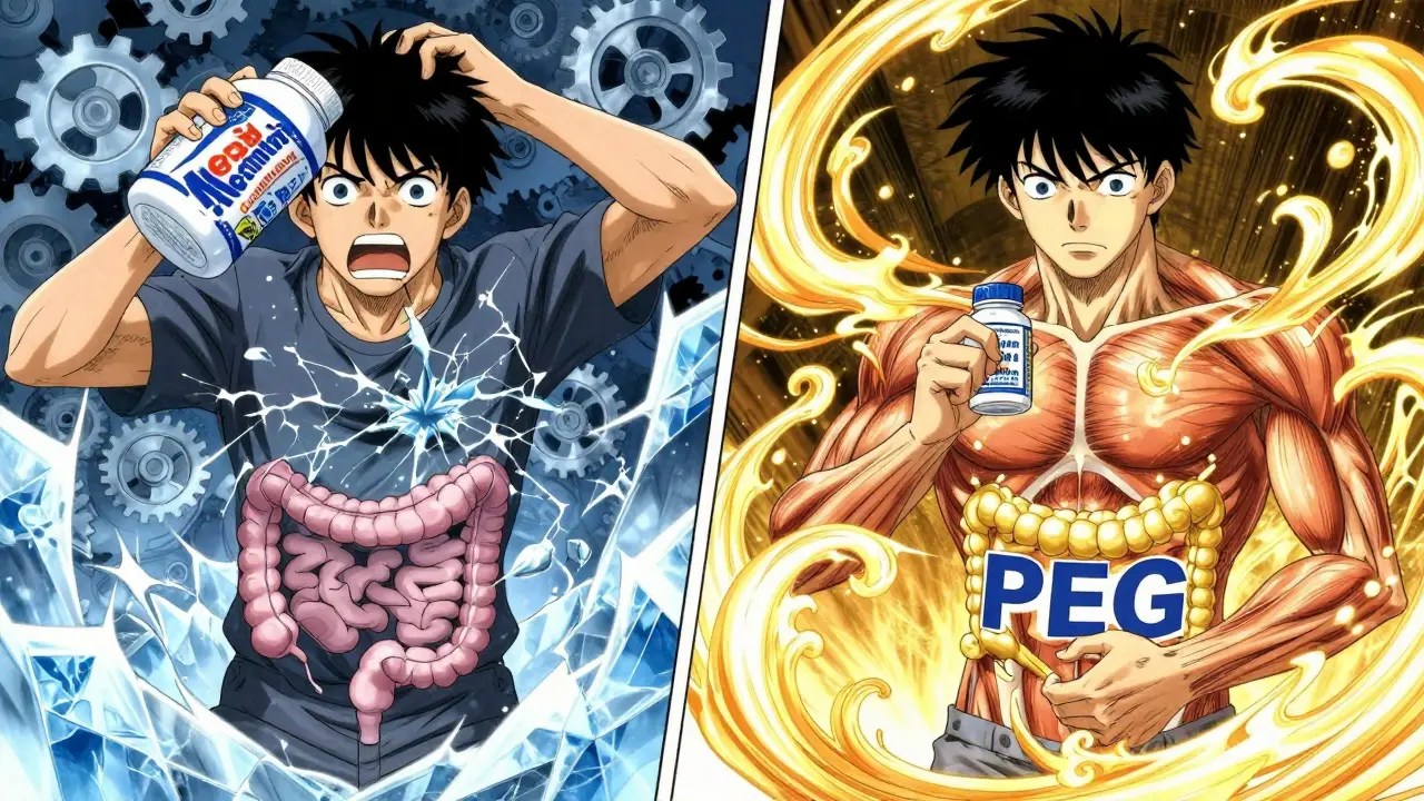 Split scene: fiber causing frozen gut vs. osmotic and stimulant laxatives restoring movement