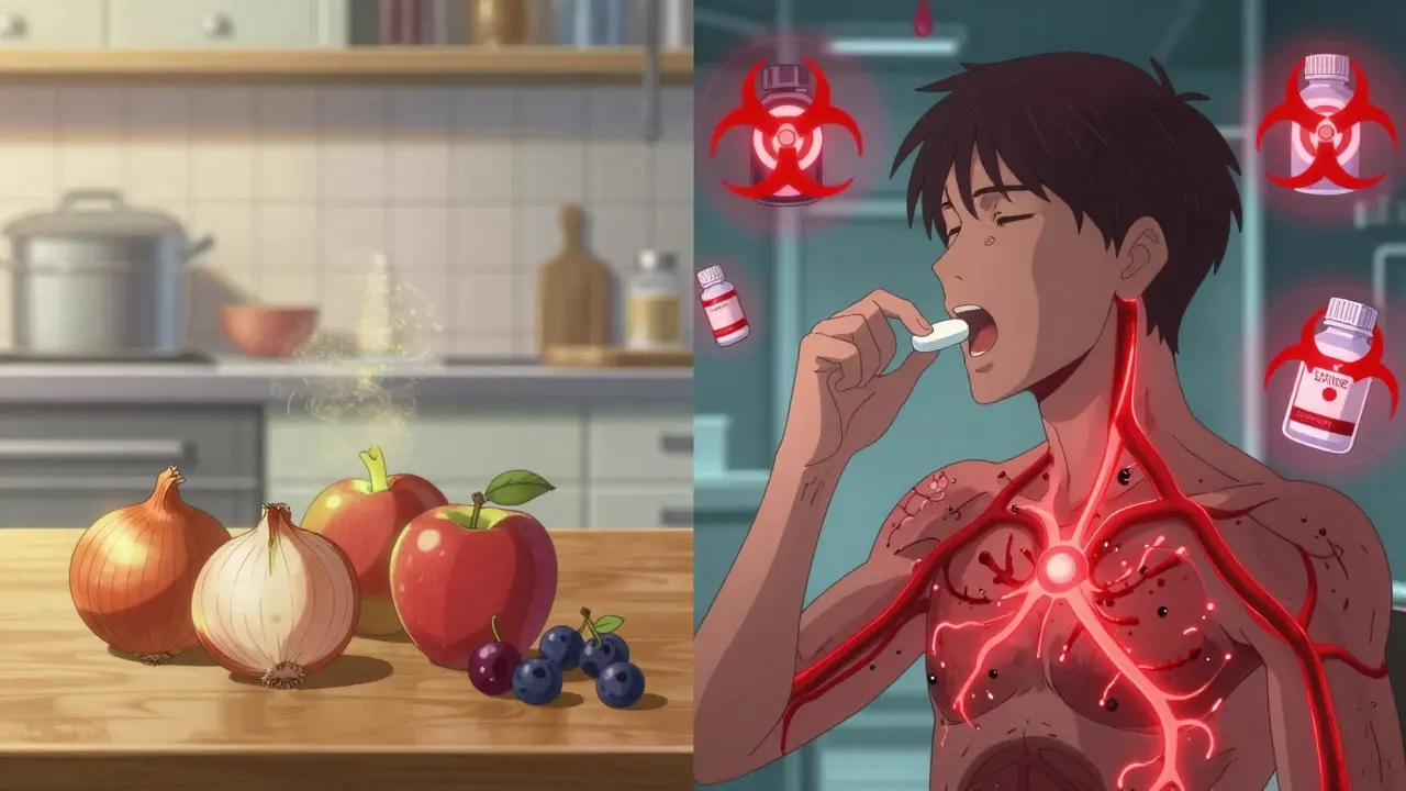 Split scene: fresh fruits releasing safe quercetin vs. a pill causing dangerous drug interactions in the body.