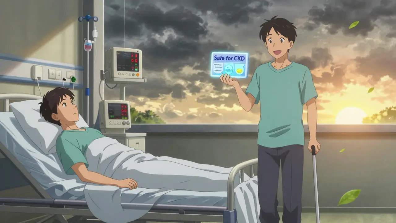 Split scene: hospitalized patient vs. same patient walking outdoors with safe medication organizer.