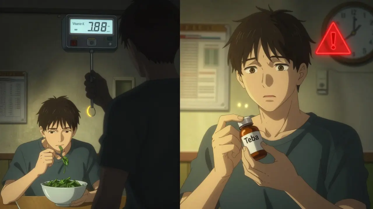Split scene: person eating spinach while INR drops, and holding a generic pill with a warning icon flashing.