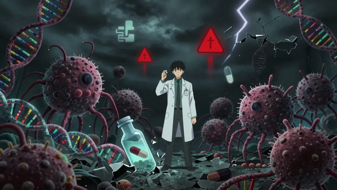 Superbugs emerging from a broken antibiotic vial as a doctor stands against resistance in anime style.