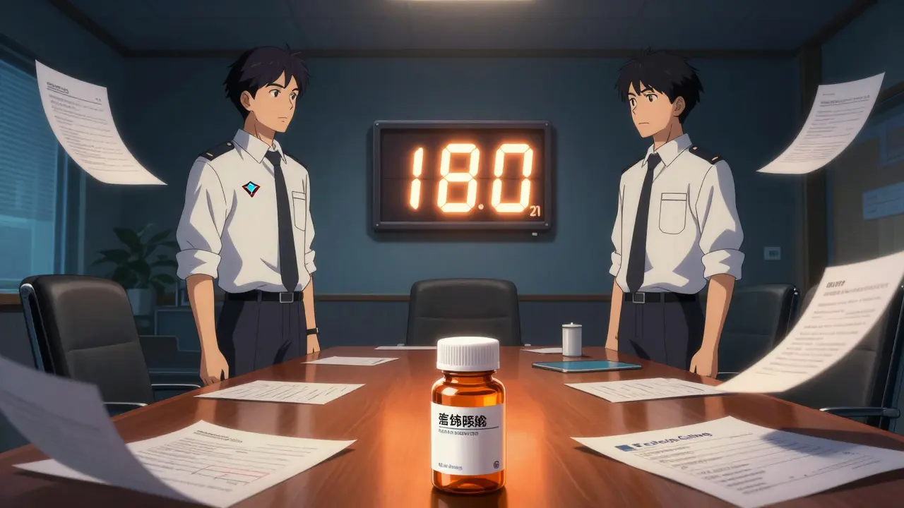 Two pharmaceutical reps in a boardroom with a glowing 180-day timer between them.
