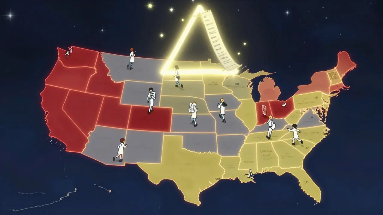 U.S. map with pulsing state rules and pharmacists rushing beneath a descending model law scroll.