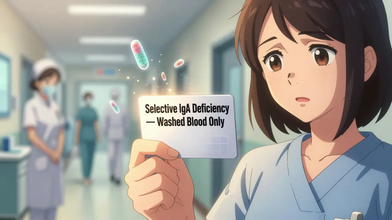 Woman handing a medical card to a nurse, glowing IgA antibodies surrounding her.