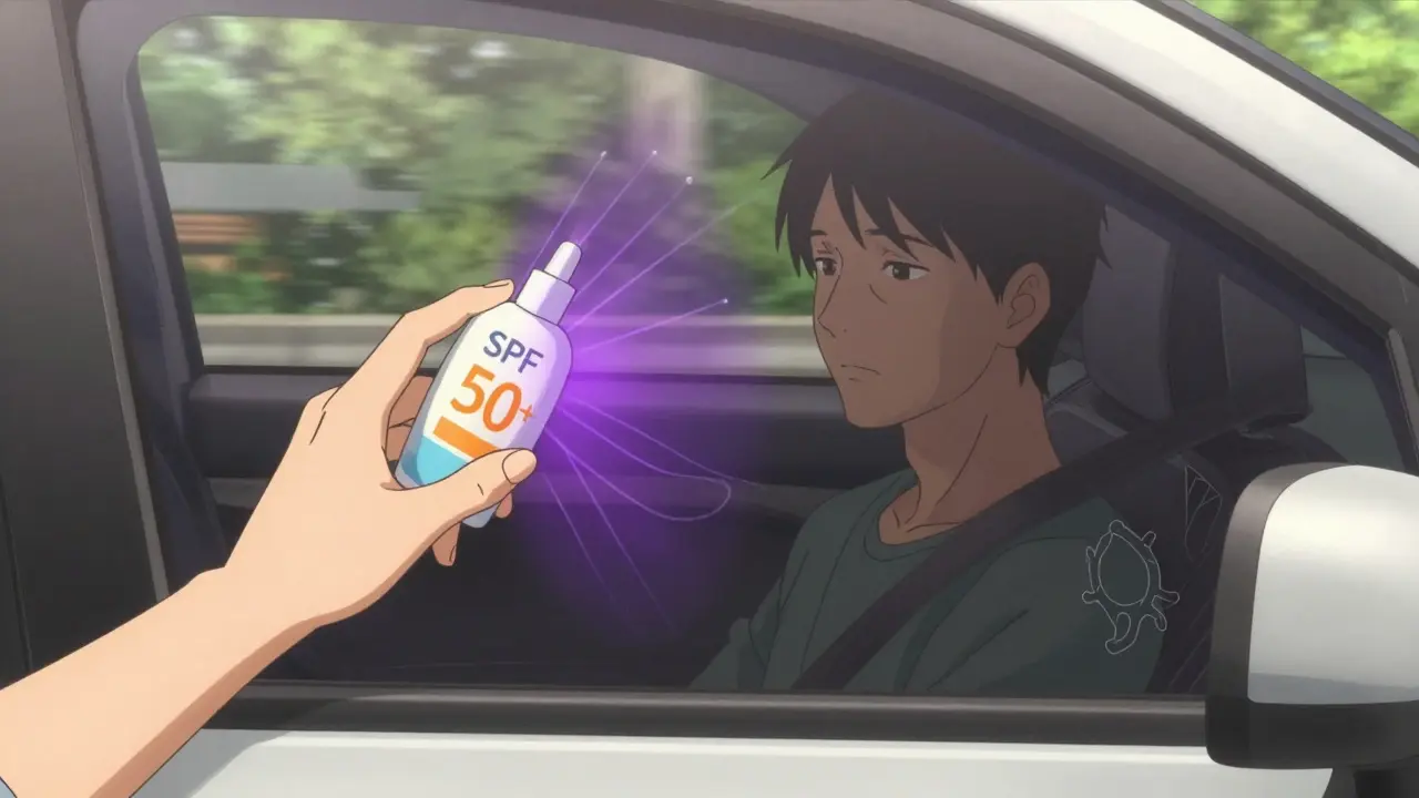 A car window with UV film blocking violet rays, a hand reaching for SPF 50+ sunscreen inside.