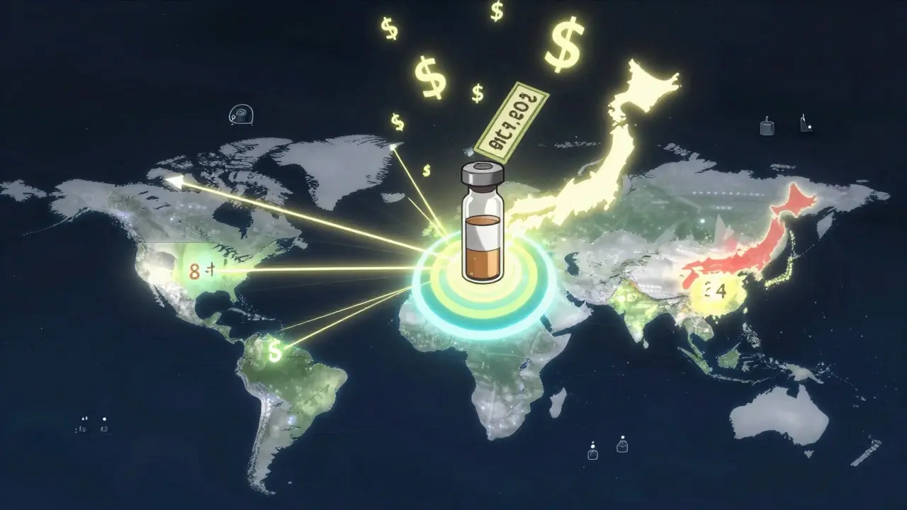 A global map showing different drug exclusivity lengths, with a central vial whose price soars under U.S. dominance.