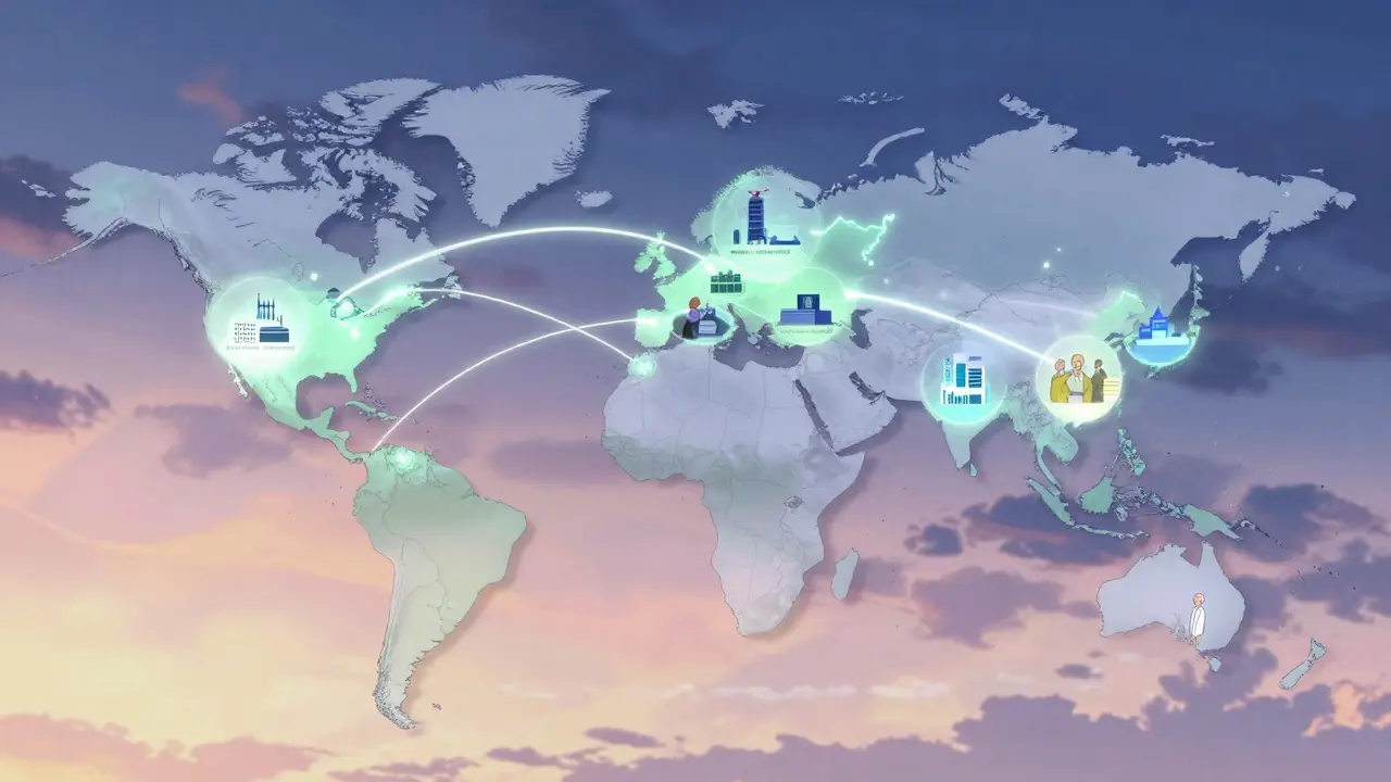 A global map with glowing supply chains linking factories and aging populations across continents.