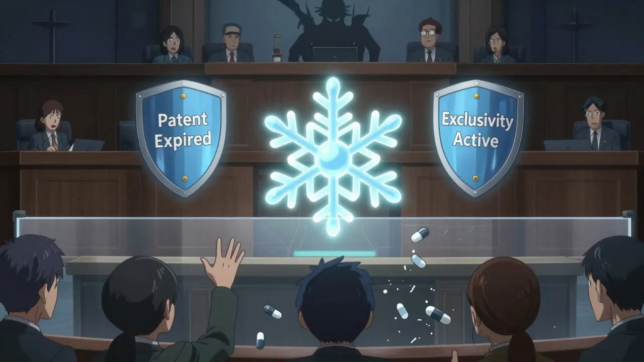 A glowing biologic drug on trial, surrounded by legal shields, while patients reach out from behind a barrier.