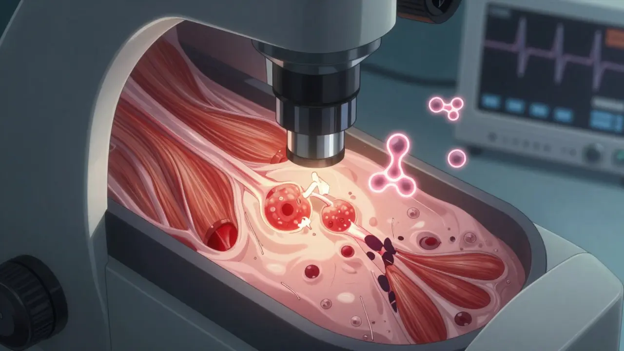 A microscopic view of decaying muscle fibers under a glowing lens, with a claw-like antibody attacking one fiber, surrounded by enzyme icons.