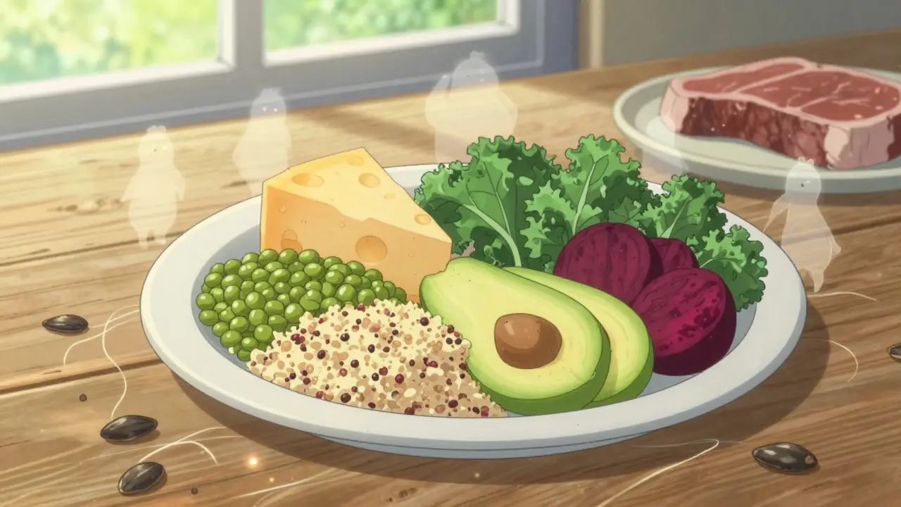 A plant-heavy plate with lentils and vegetables, while meat fades into the background as a symbol of change.
