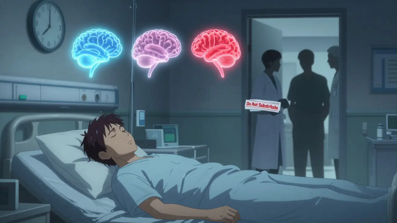 An epilepsy patient sleeps as ghostly brain signals show dangerous drops in drug levels from a generic switch.