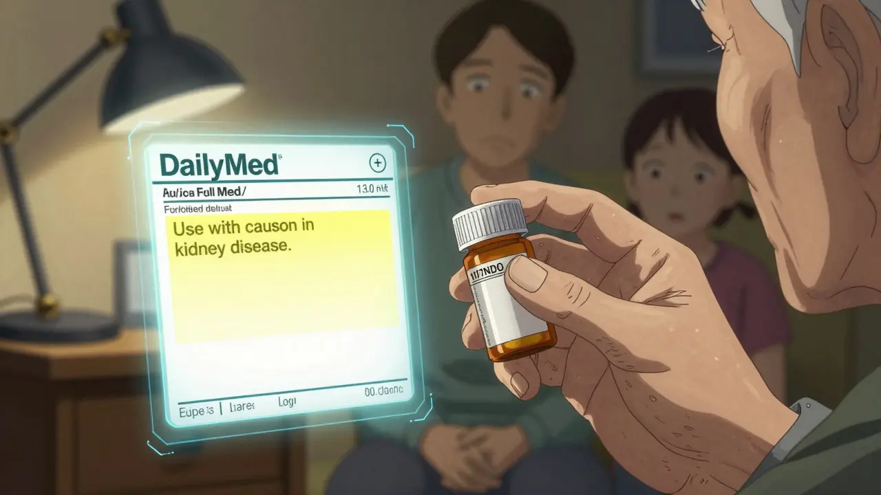 Elderly patient holding a pill bottle with NDC code as a digital drug label hovers beside them.