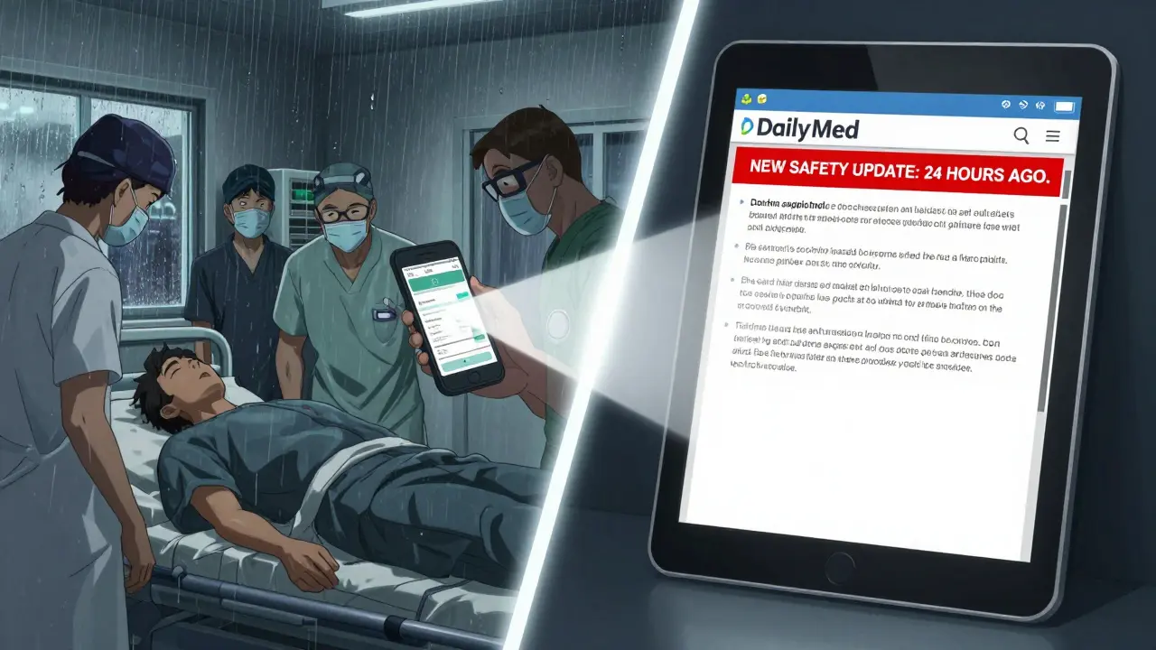 ER staff faced with outdated info on left, while DailyMed's accurate label glows on tablet on right.