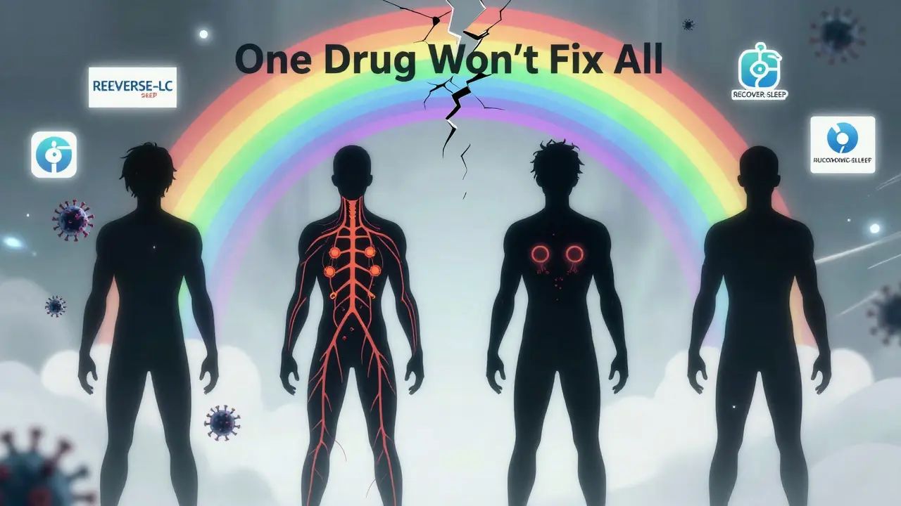 Four silhouettes representing different Long COVID subtypes under a fractured rainbow labeled 'One Drug Won’t Fix All'.