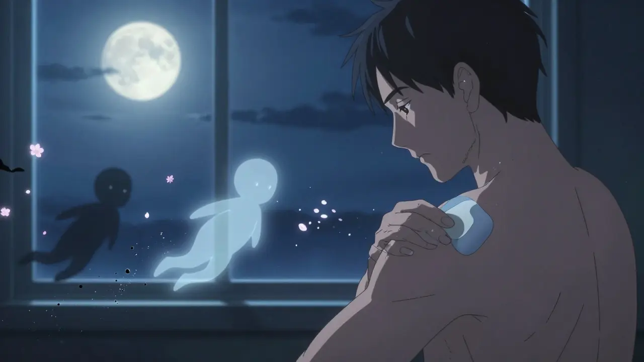 Man applying a selegiline patch at night as harmful substances dissolve into harmless cherry blossoms.