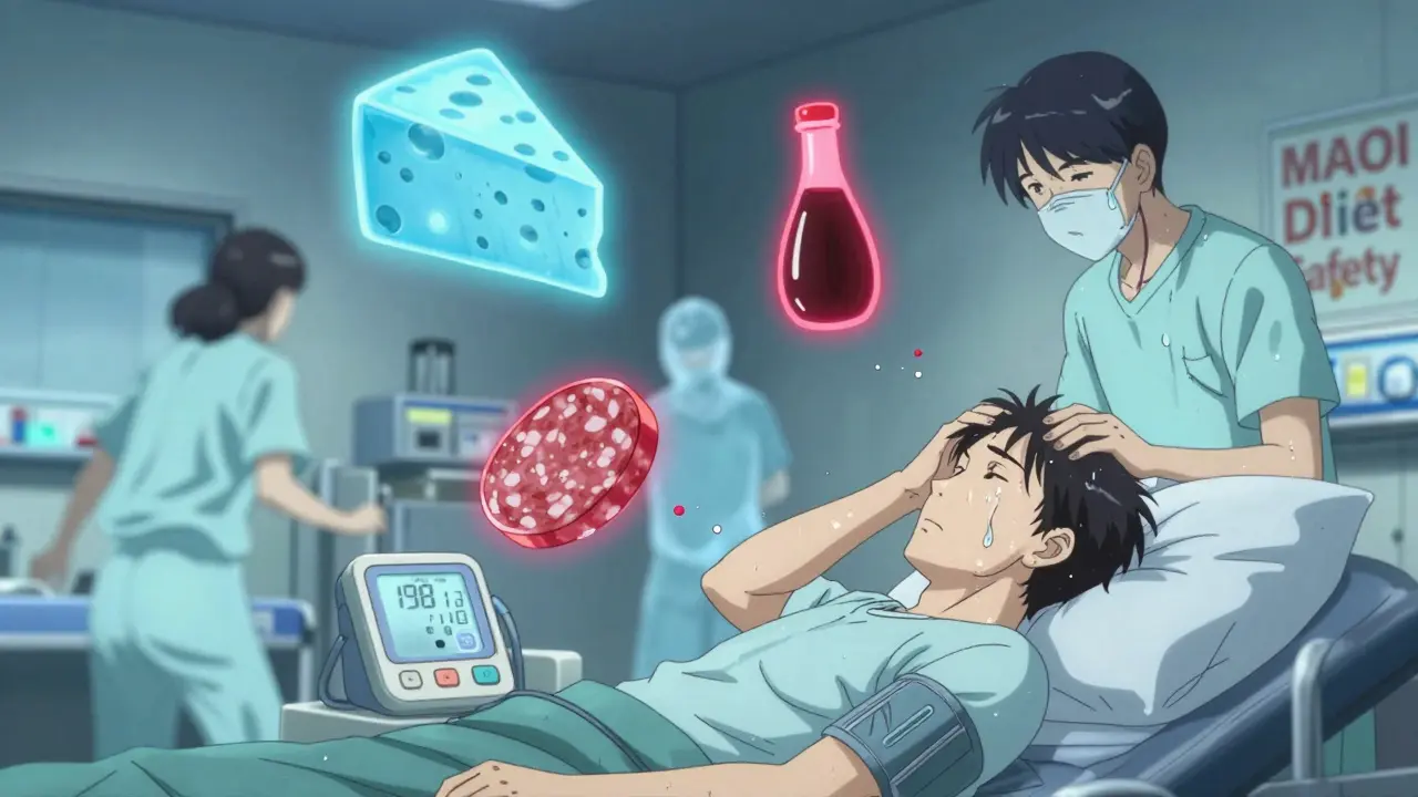Patient in emergency room with spiked blood pressure, ghostly images of tyramine-rich foods hovering around them.