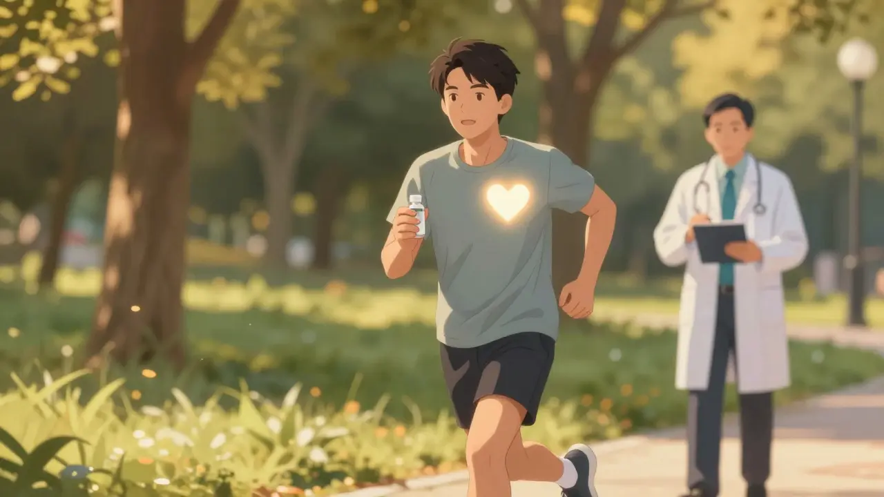 Patient jogging while taking generic medication with heart symbol.