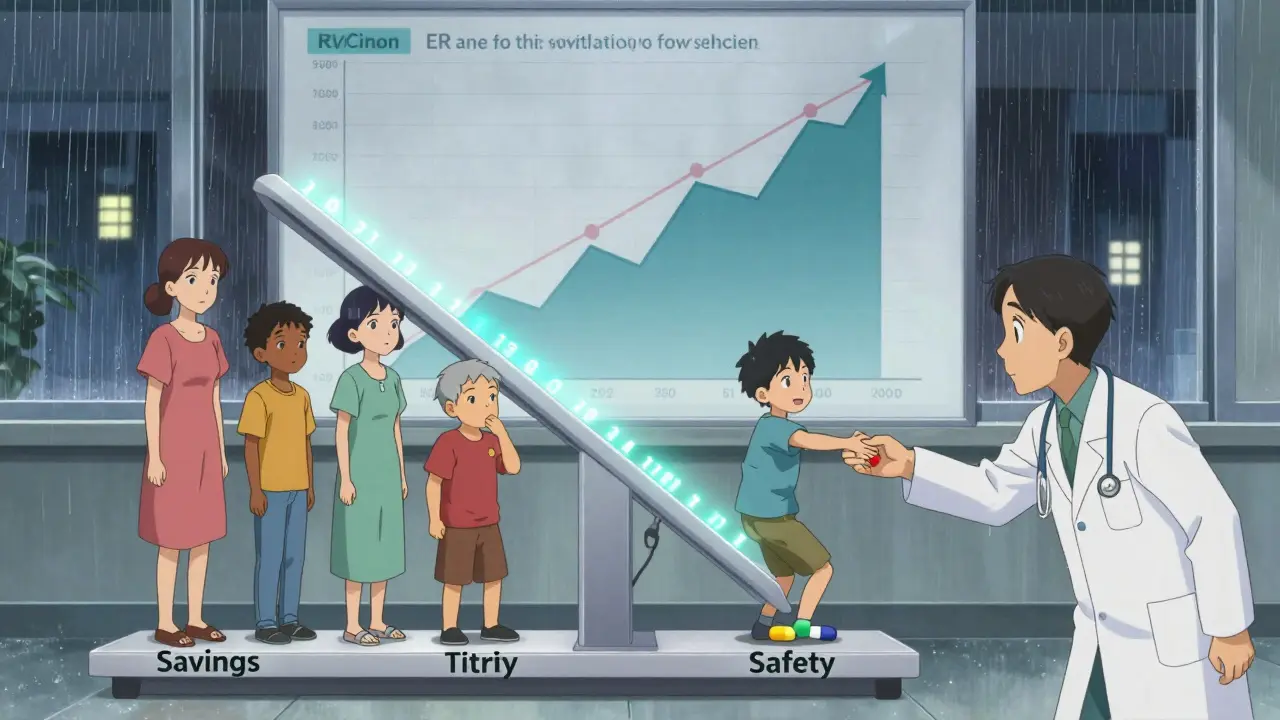 Patients stand on a scale comparing cost savings against safety, with a graph showing emergency visit spikes after switching.