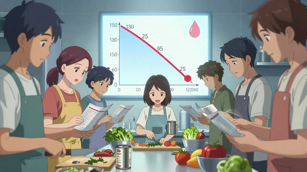People cooking low-sodium meals while a blood pressure chart drops dramatically in the background.