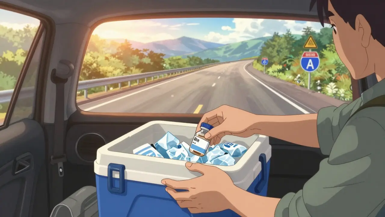 Person packing insulin cooler in car trunk during road trip.