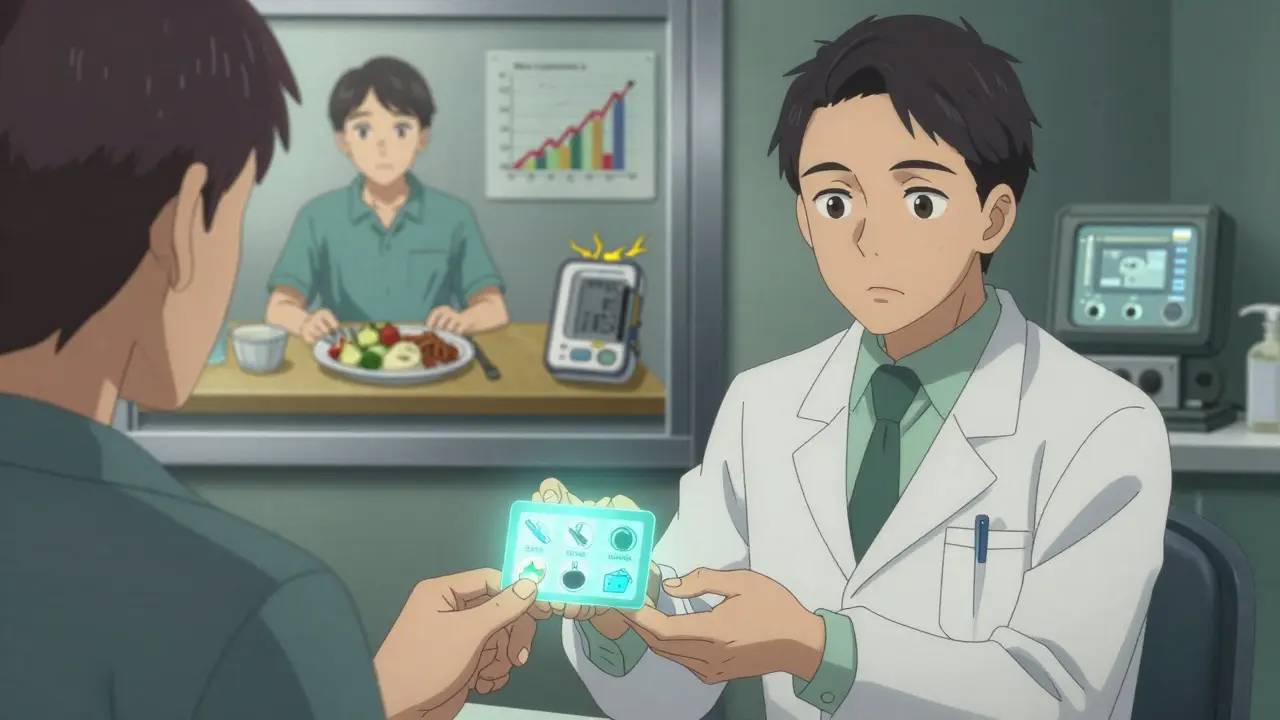 Pharmacist giving a patient a warning card with icons of forbidden foods and medications in a calm clinic setting.