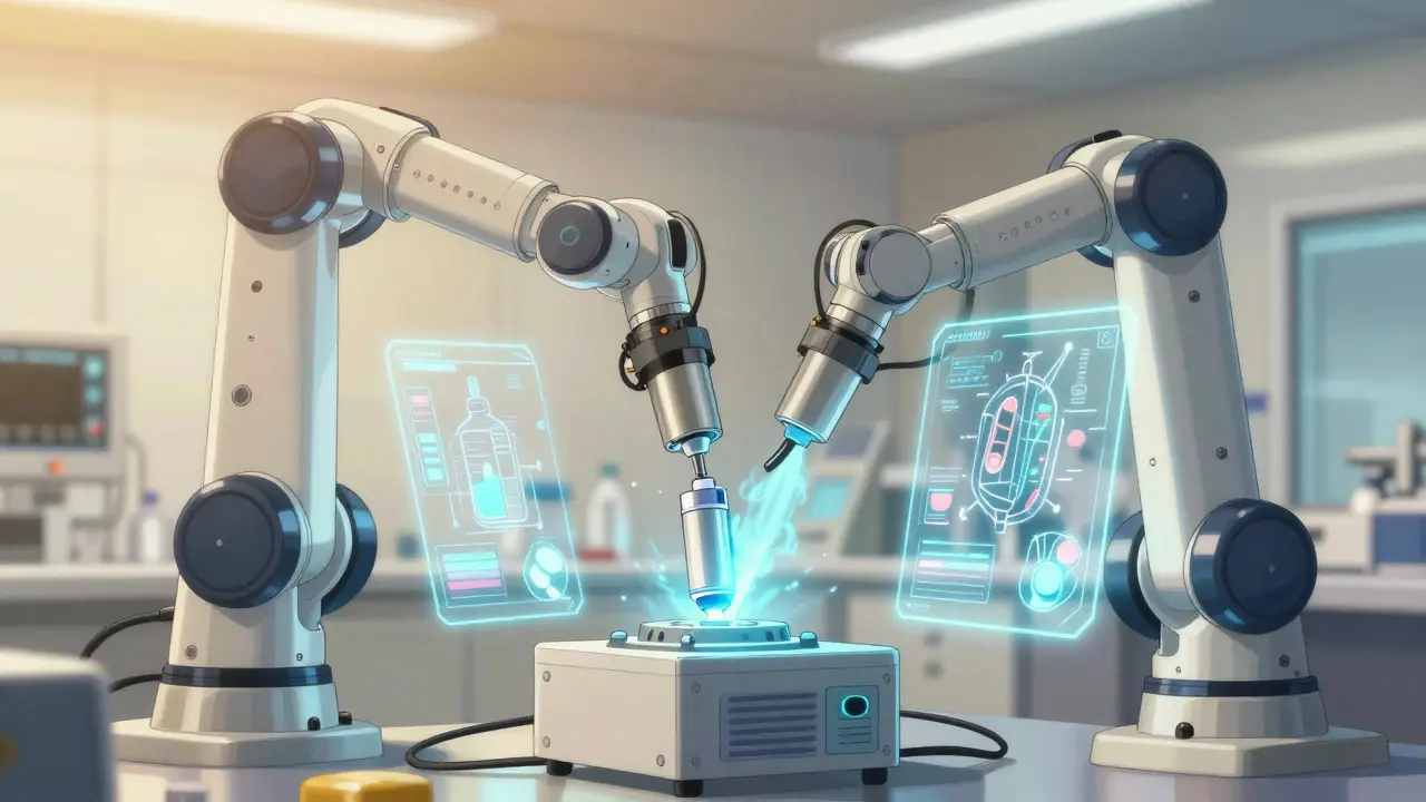 Robotic arms assembling a complex inhaler in a high-tech lab with glowing holographic drug schematics.