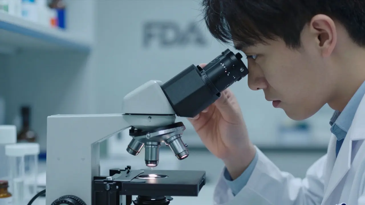 Scientist examining pill samples under microscope in lab.