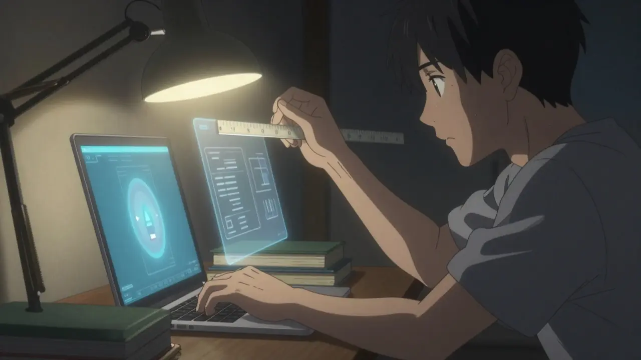 Someone adjusting their laptop height with a ruler and warm desk lamp, reducing screen glare and eye strain.